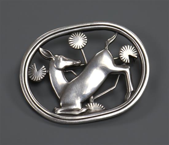 A Danish Georg Jensen sterling silver oval deer brooch, no. 256, 44mm.